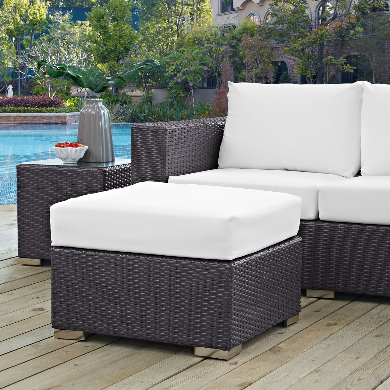 Convene Outdoor Patio Fabric Square Ottoman | Outdoor Modular Sectional Component, Espresso & White