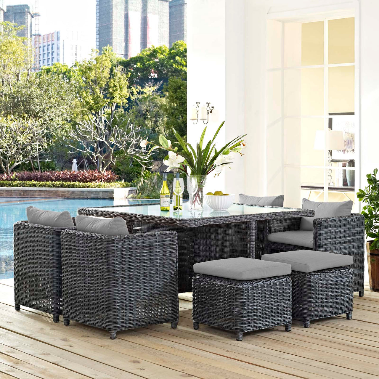 Invocation 9-Piece Alfresco Sunbrella® Dining Set, Canvas Gray