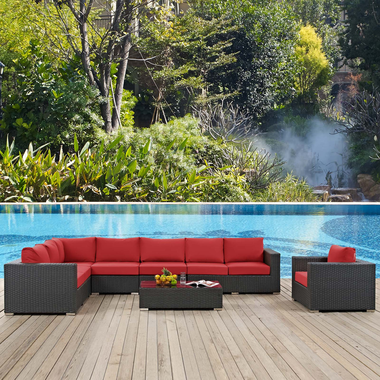 Sojourn 7 Piece Outdoor Patio Sunbrella® Sectional Set, Canvas Red
