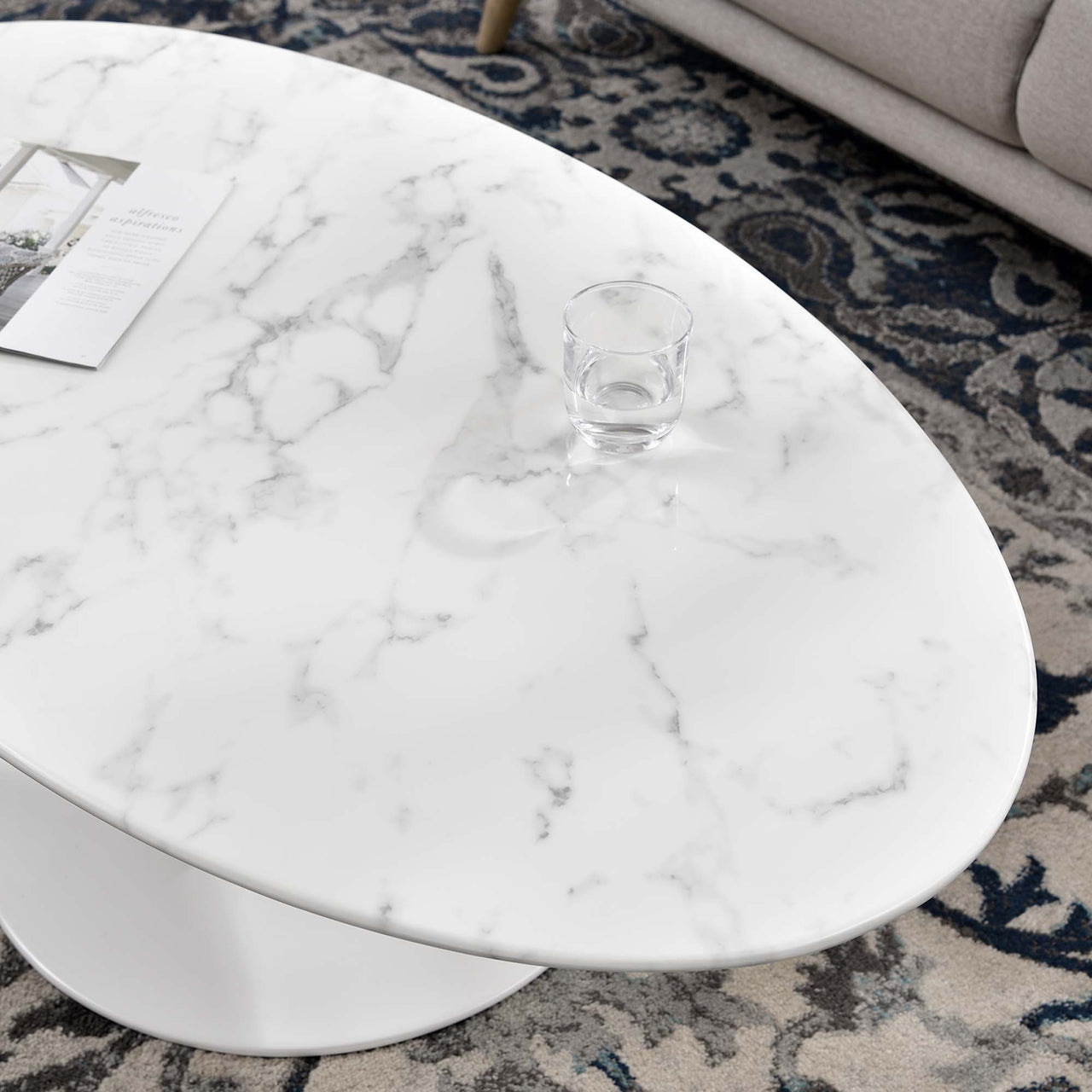 Ensemble Oval Faux Marble Coffee Table, Medium, White