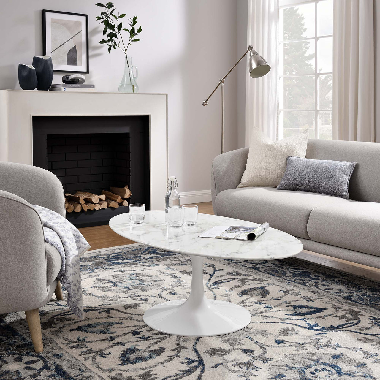 Ensemble Oval Faux Marble Coffee Table, Medium, White