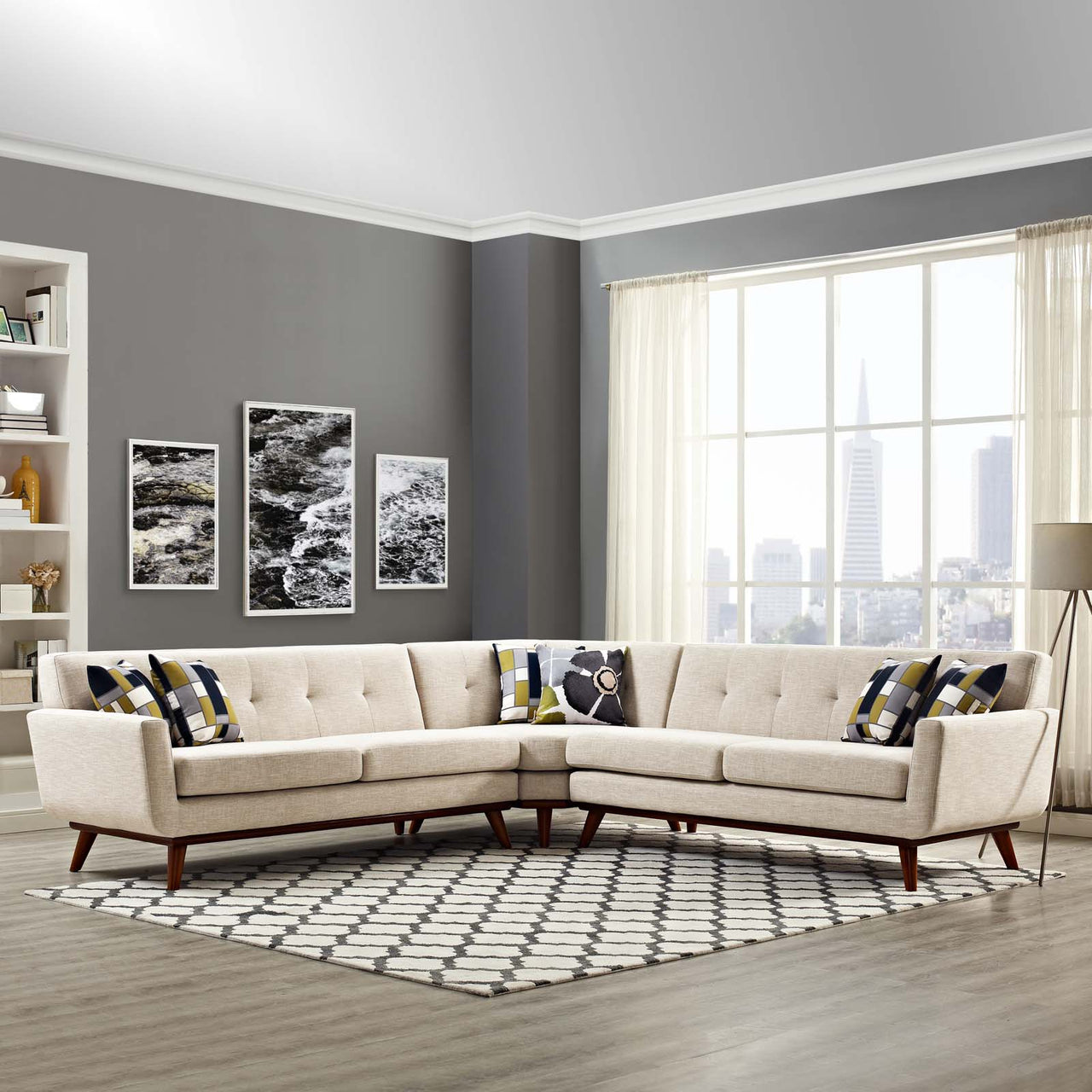 Engage L-Shaped Upholstered Fabric Sectional Sofa, Beige