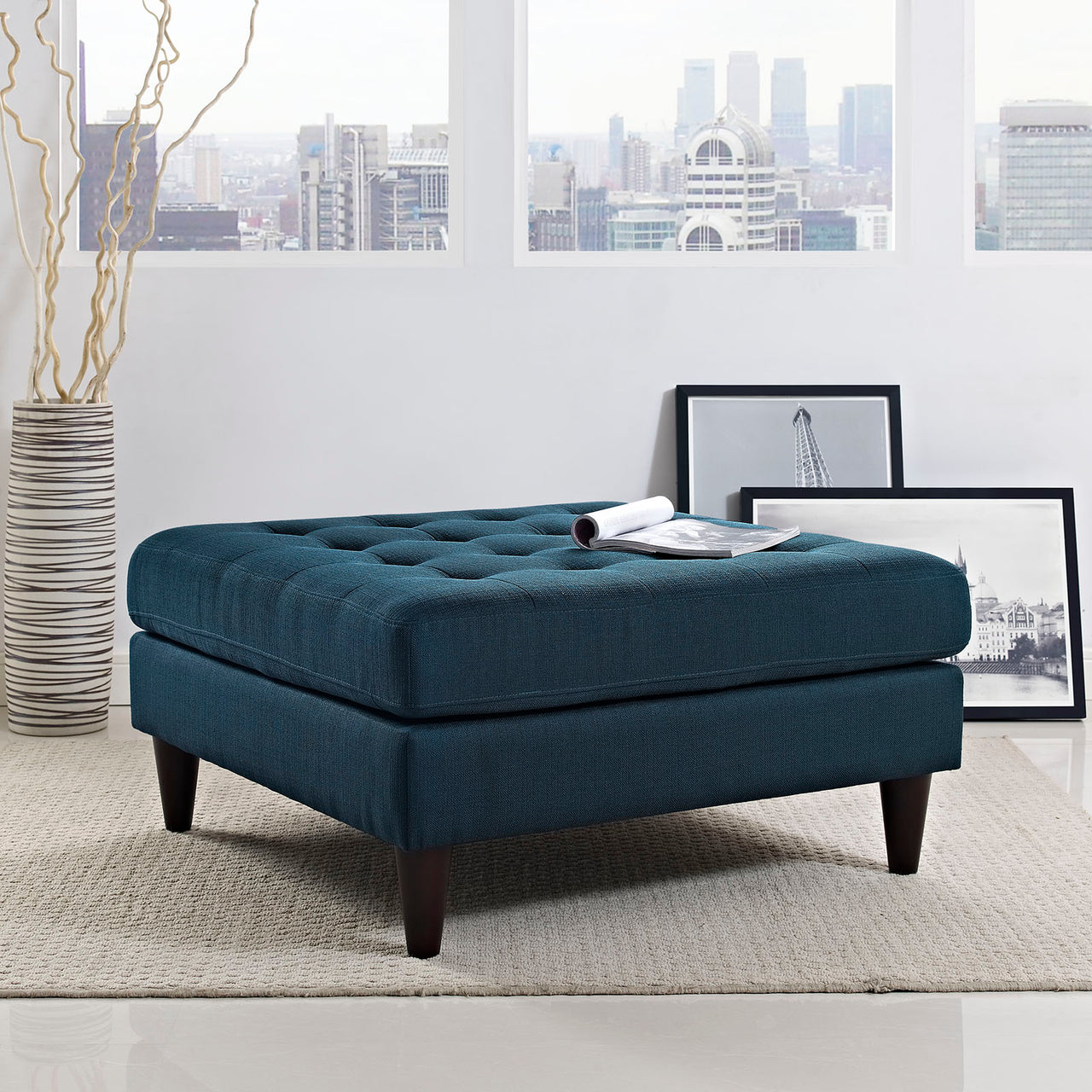 Dynasty Textured Fabric Ottoman, Azure