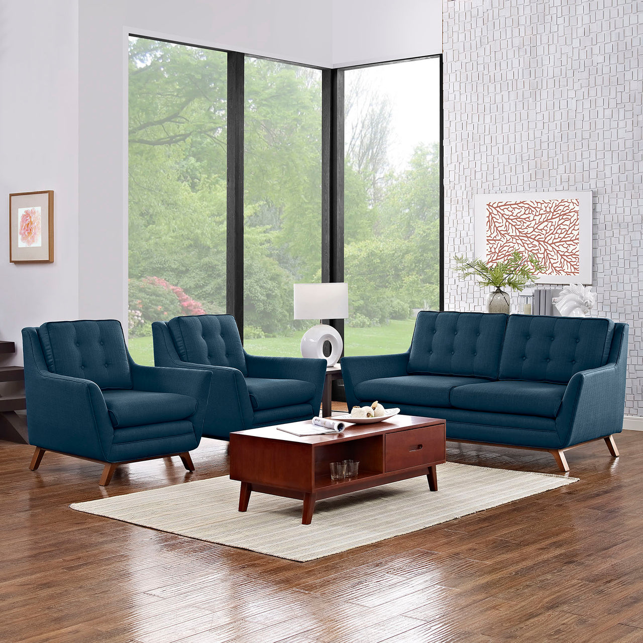 Beguile 3 Piece Upholstered Fabric Living Room Set, Azure
