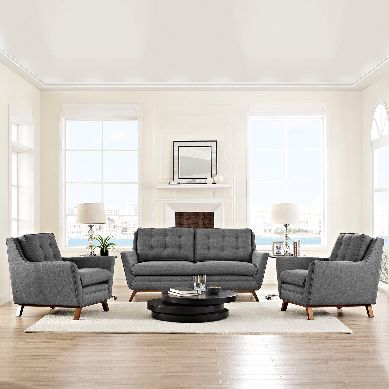 Beguile 3 Piece Upholstered Fabric Living Room Set, Gray