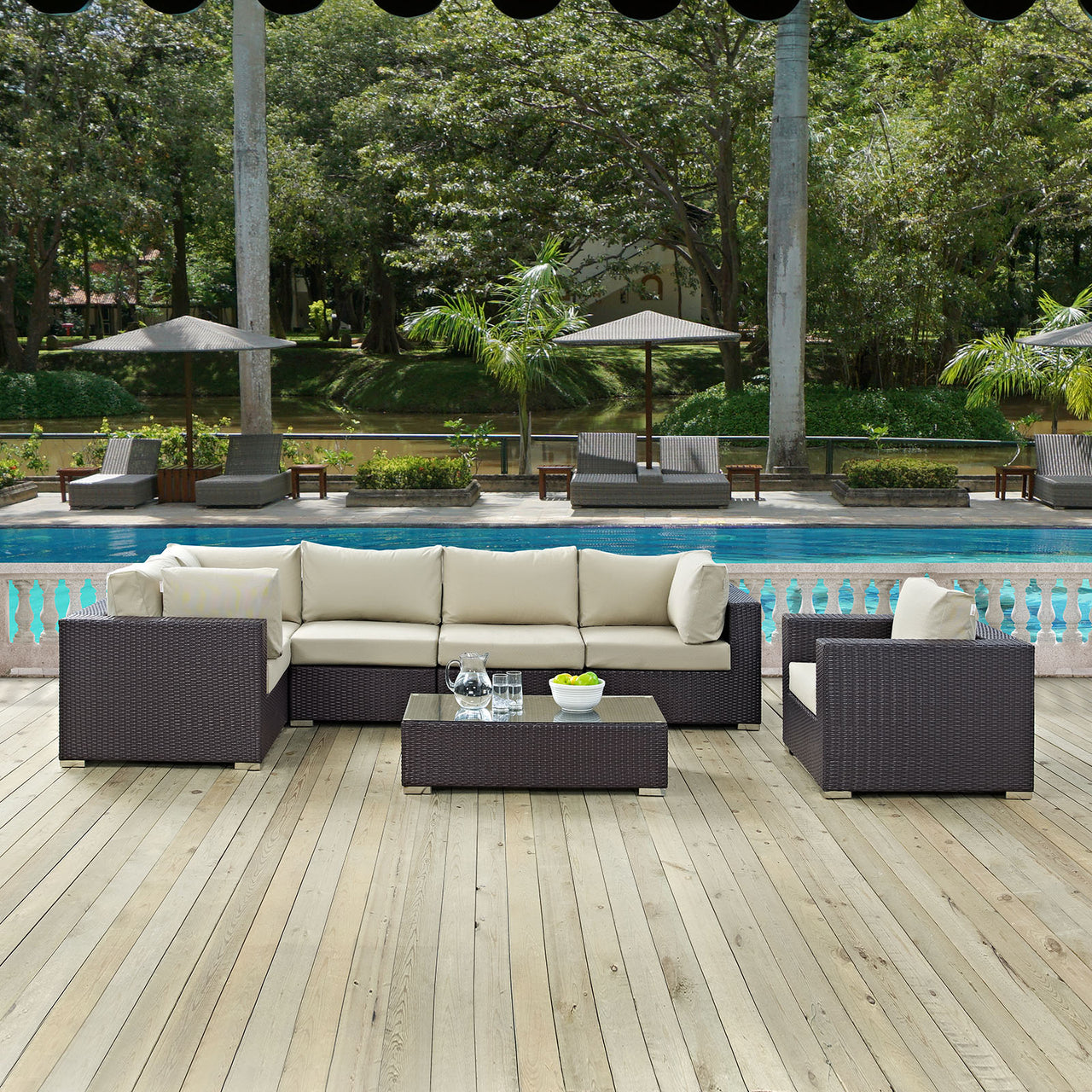 Convene 7 Piece Outdoor Patio Sectional Set, Espresso & Beige