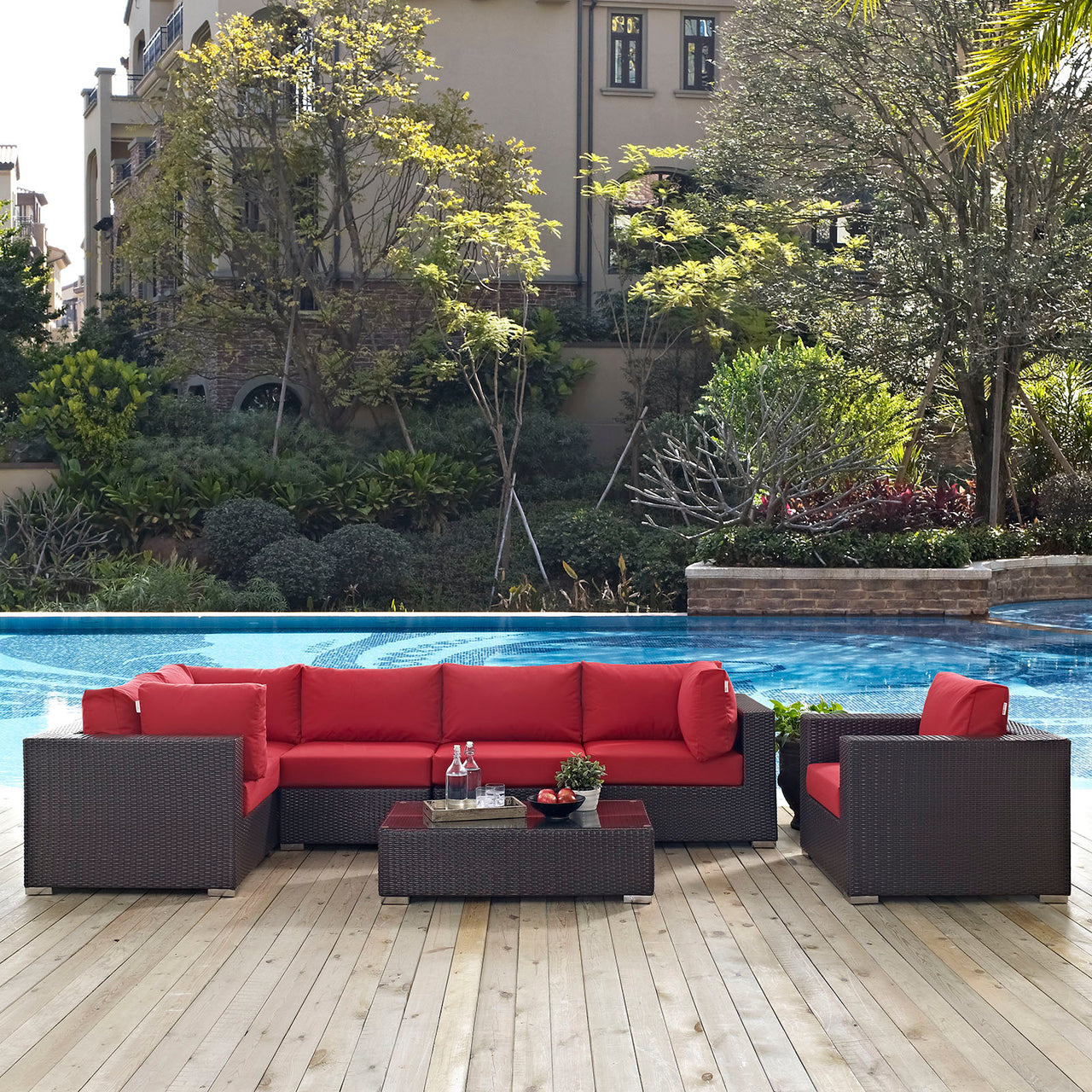 Convene 7 Piece Outdoor Patio Sectional Set, Espresso & Red