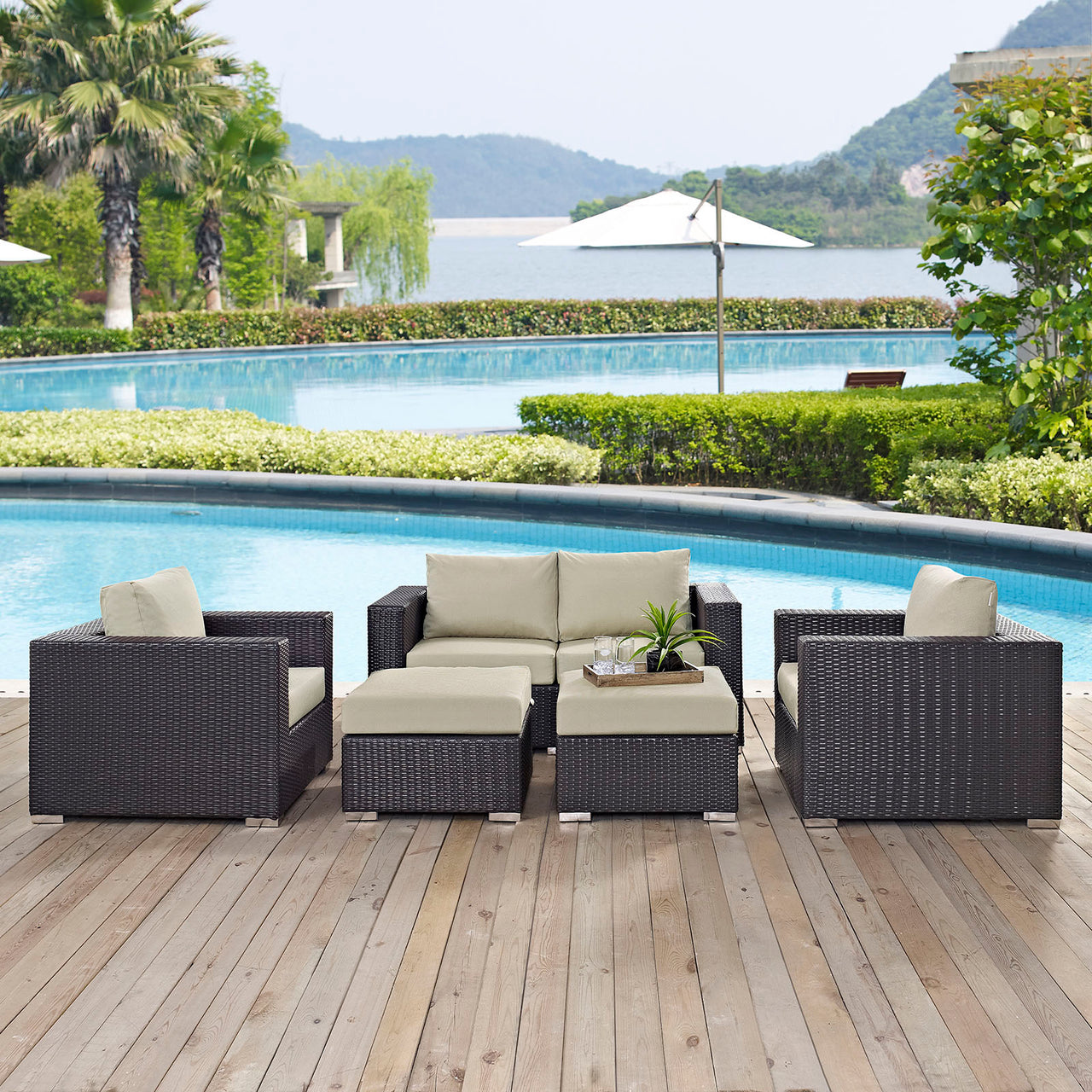Convene 5 Piece Outdoor Patio Sofa Set, Espresso & Beige