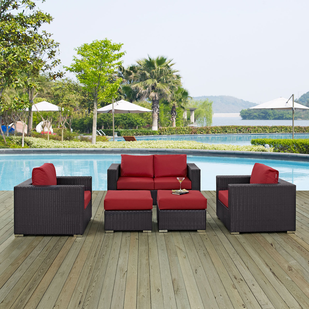 Conversation 5-Piece Alfresco Sofa Set, Espresso & Red