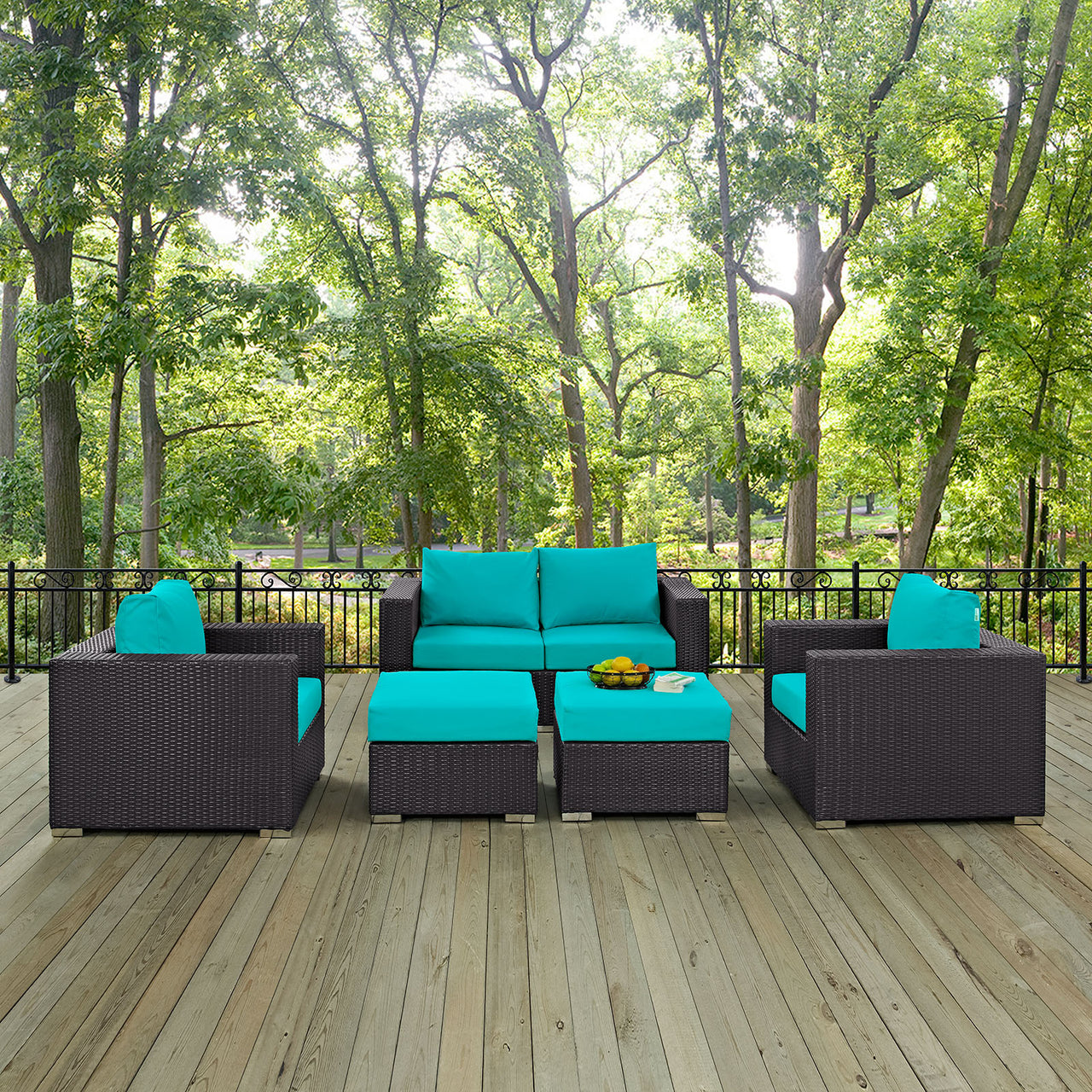 Conversation 5-Piece Alfresco Sofa Set, Espresso & Turquoise