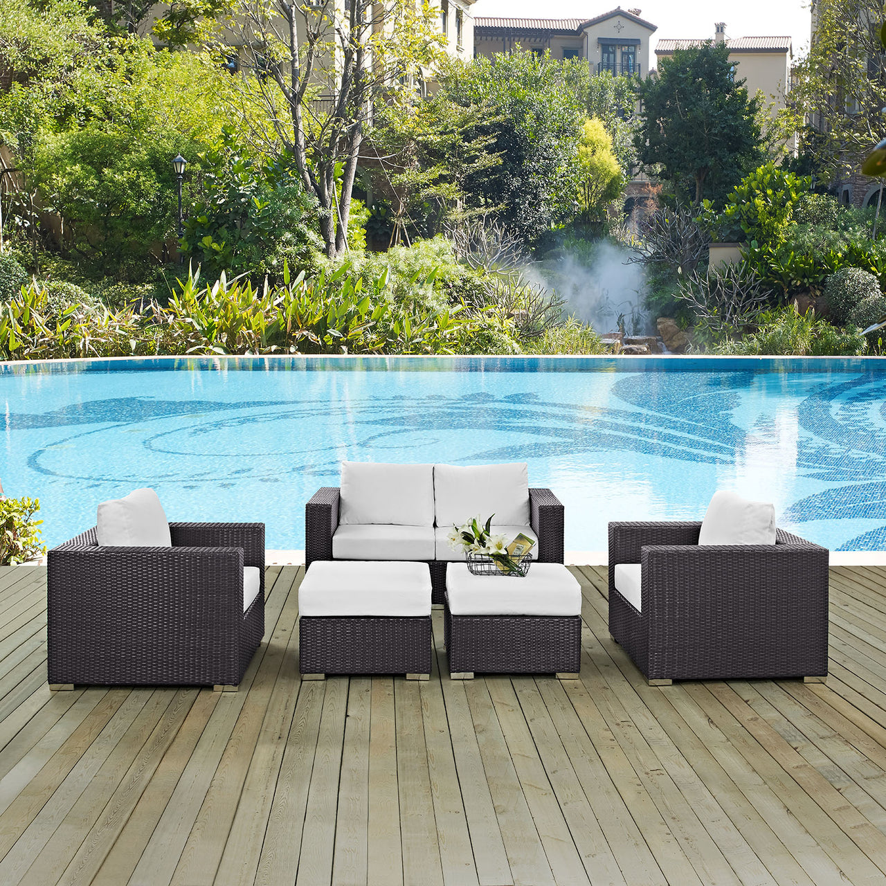 Convene 5 Piece Outdoor Patio Sofa Set, Espresso & White