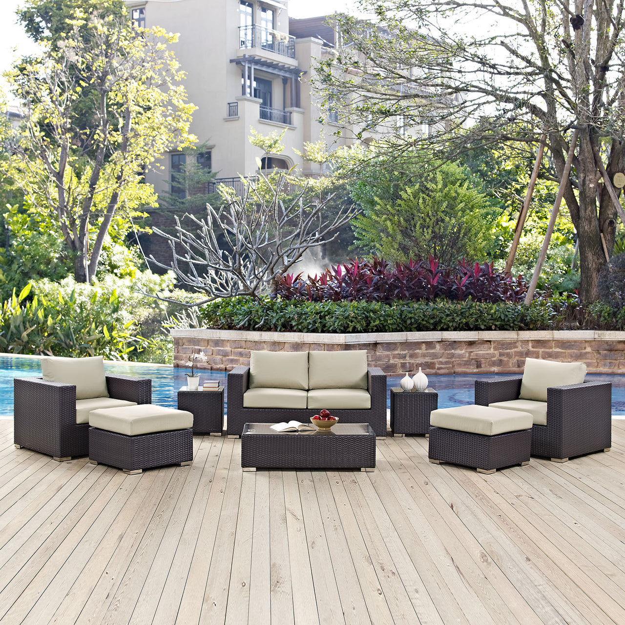 Convene 8 Piece Outdoor Patio Sofa Set, Espresso & Beige