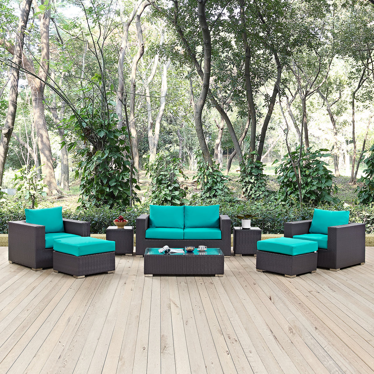 Conversation 8-Piece Alfresco Sofa Set, Espresso & Turquoise