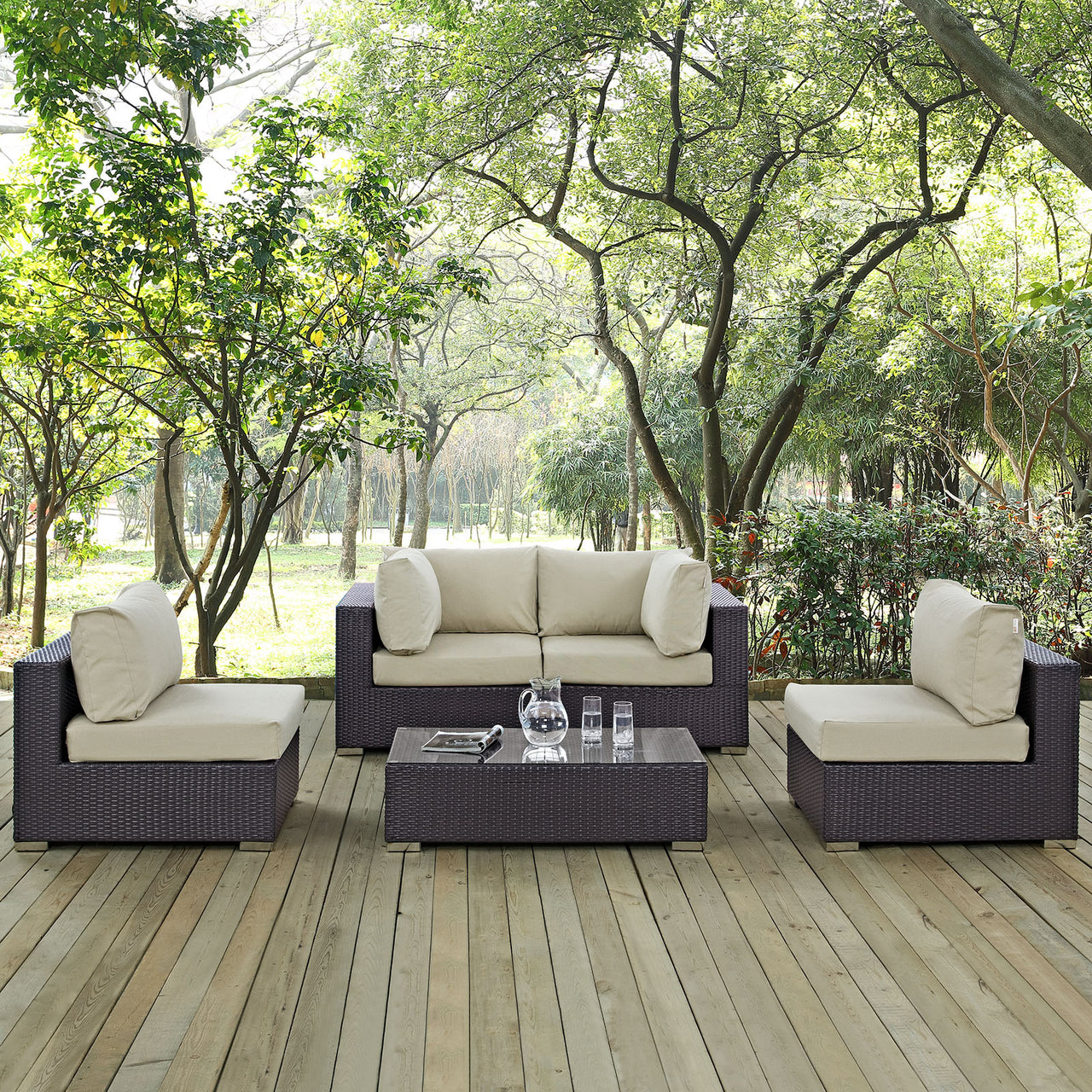 Conversation 5-Piece Alfresco Sectional Set, Espresso & Beige