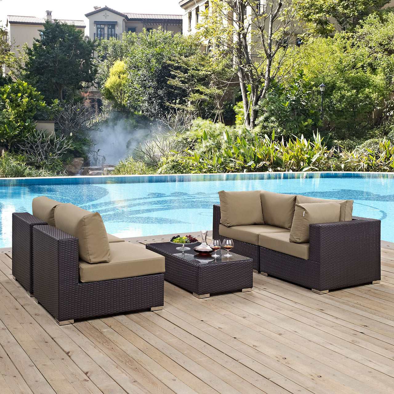 Convene 5 Piece Outdoor Patio Sectional Set, Espresso & Mocha