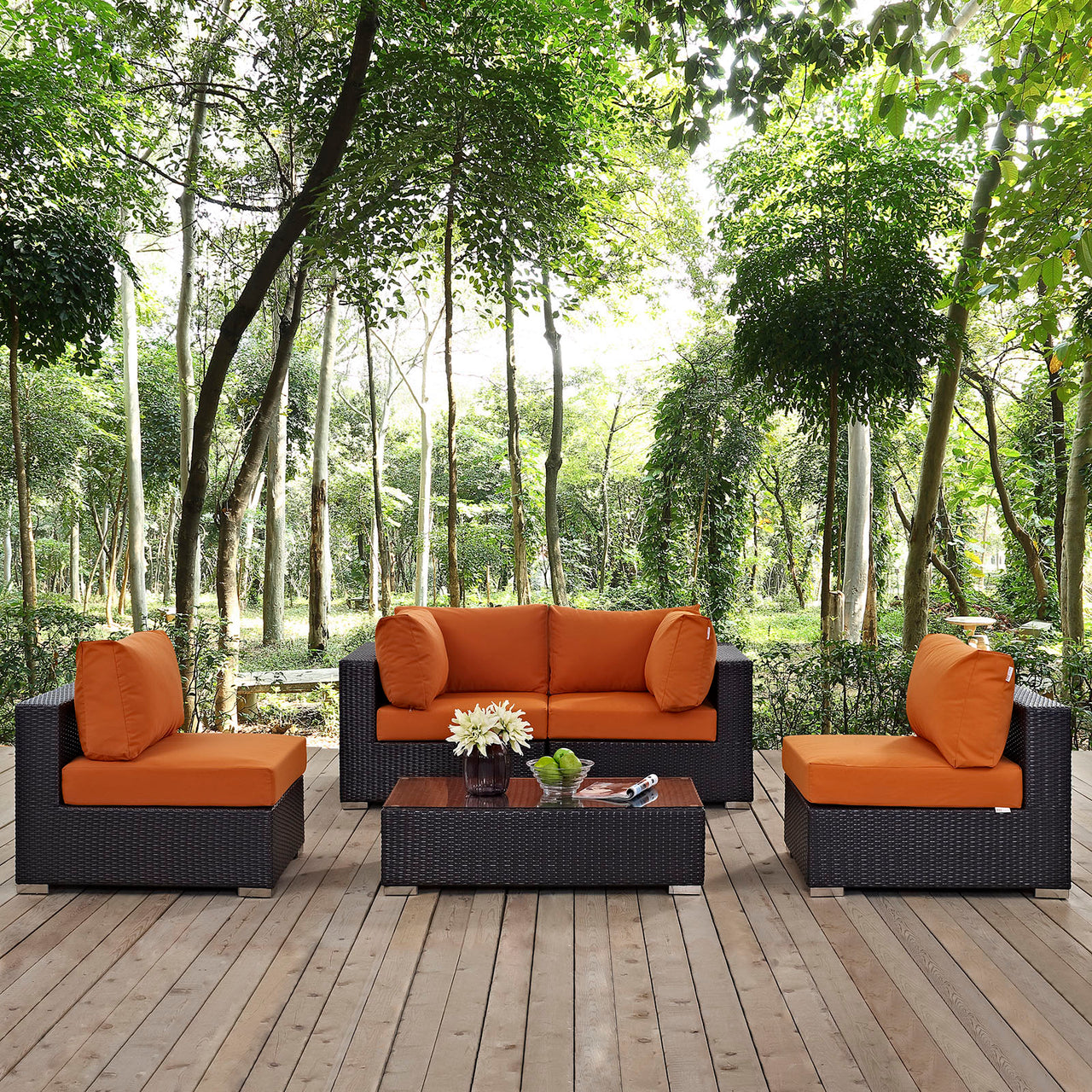 Convene 5 Piece Outdoor Patio Sectional Set, Espresso & Orange