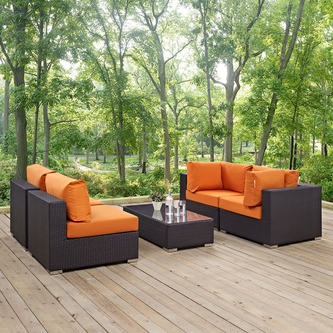 Convene 5 Piece Outdoor Patio Sectional Set, Espresso & Orange