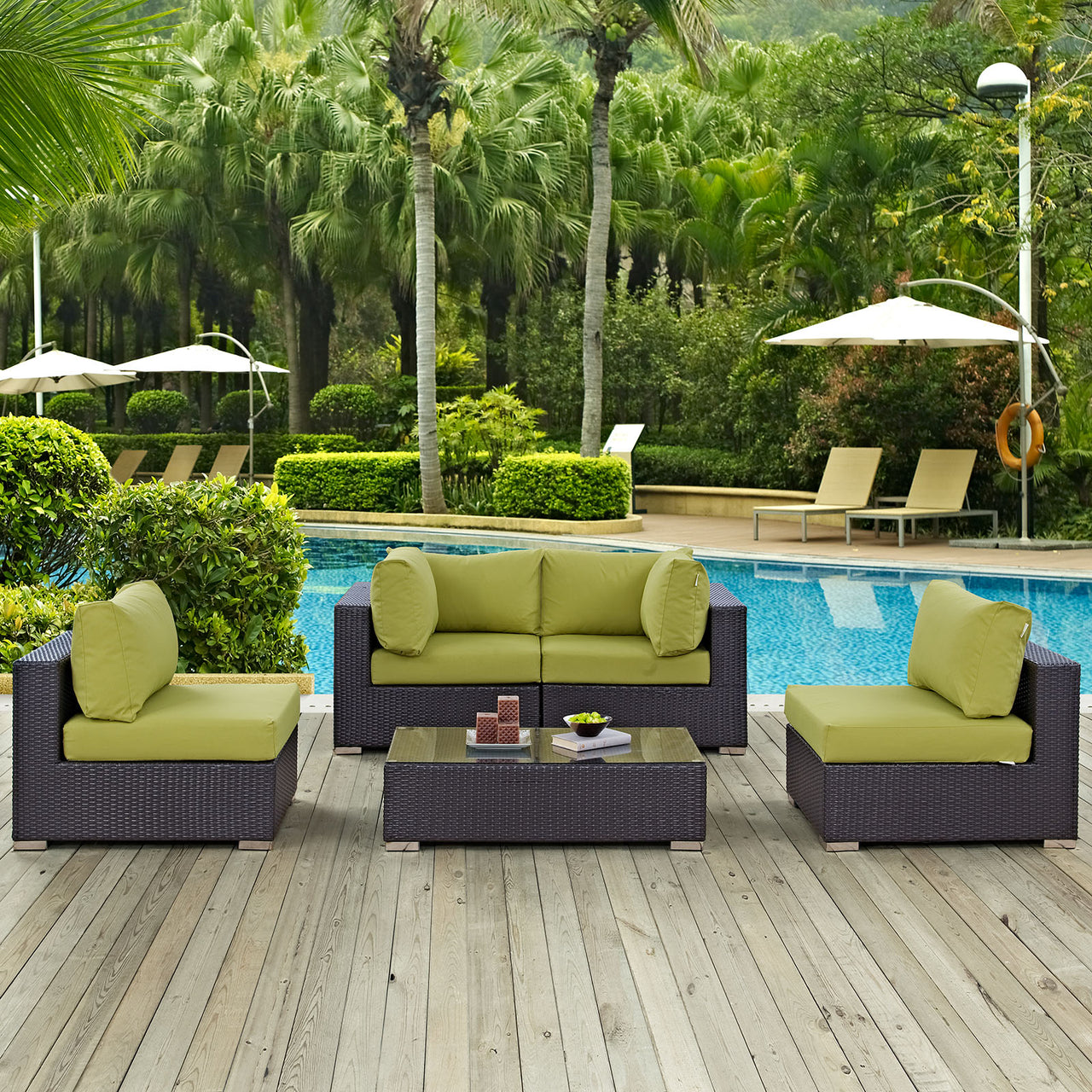 Conversation 5-Piece Alfresco Sectional Set, Espresso & Peridot