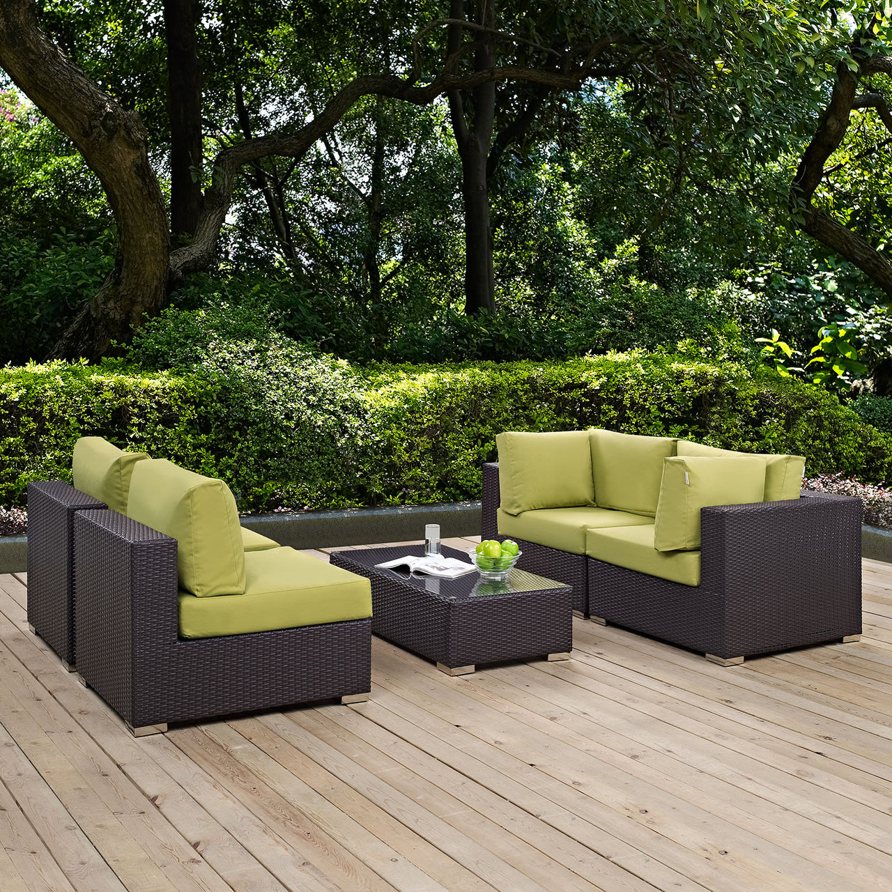 Conversation 5-Piece Alfresco Sectional Set, Espresso & Peridot