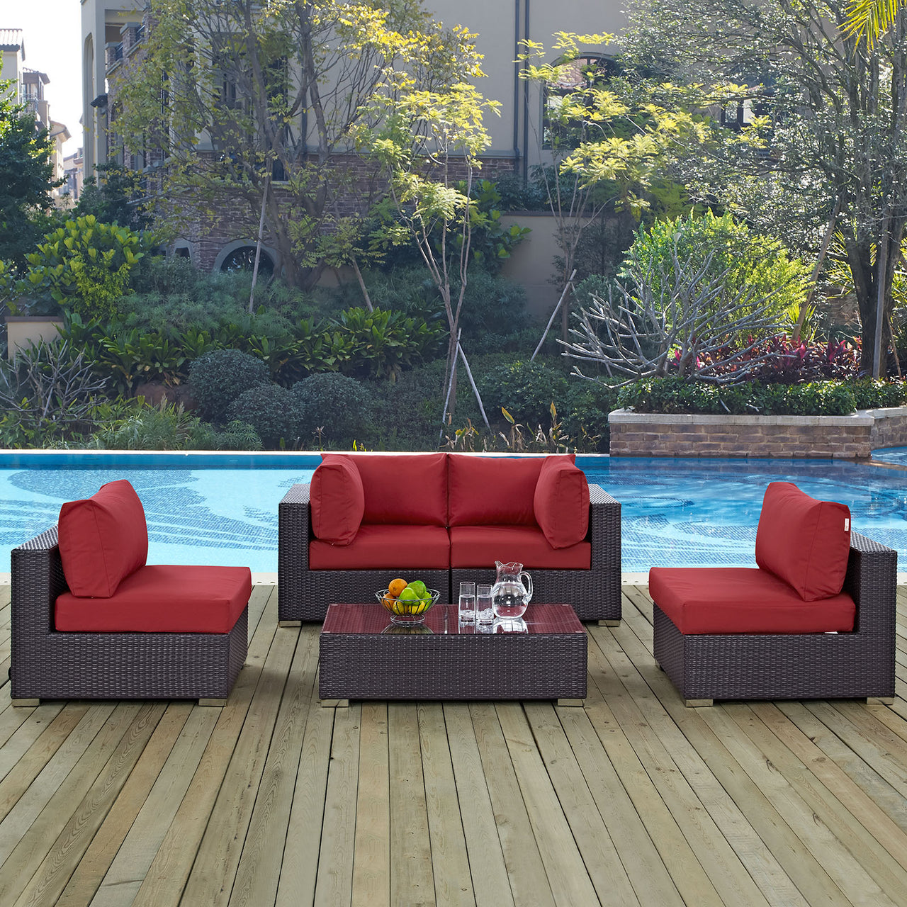 Conversation 5-Piece Alfresco Sectional Set, Espresso & Red