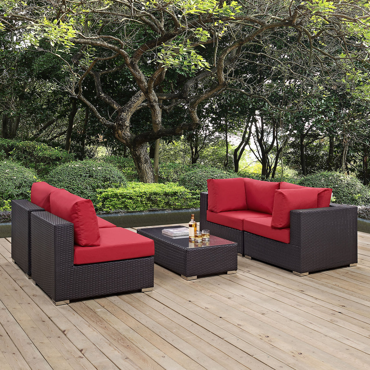 Conversation 5-Piece Alfresco Sectional Set, Espresso & Red
