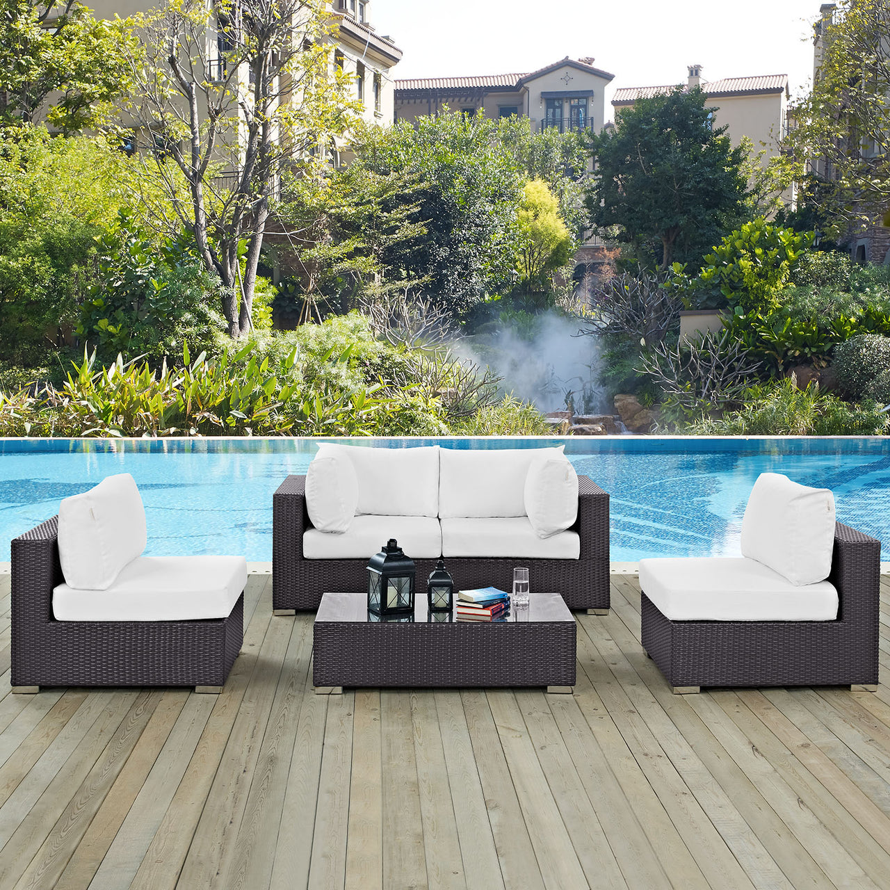 Conversation 5-Piece Alfresco Sectional Set, Espresso & White