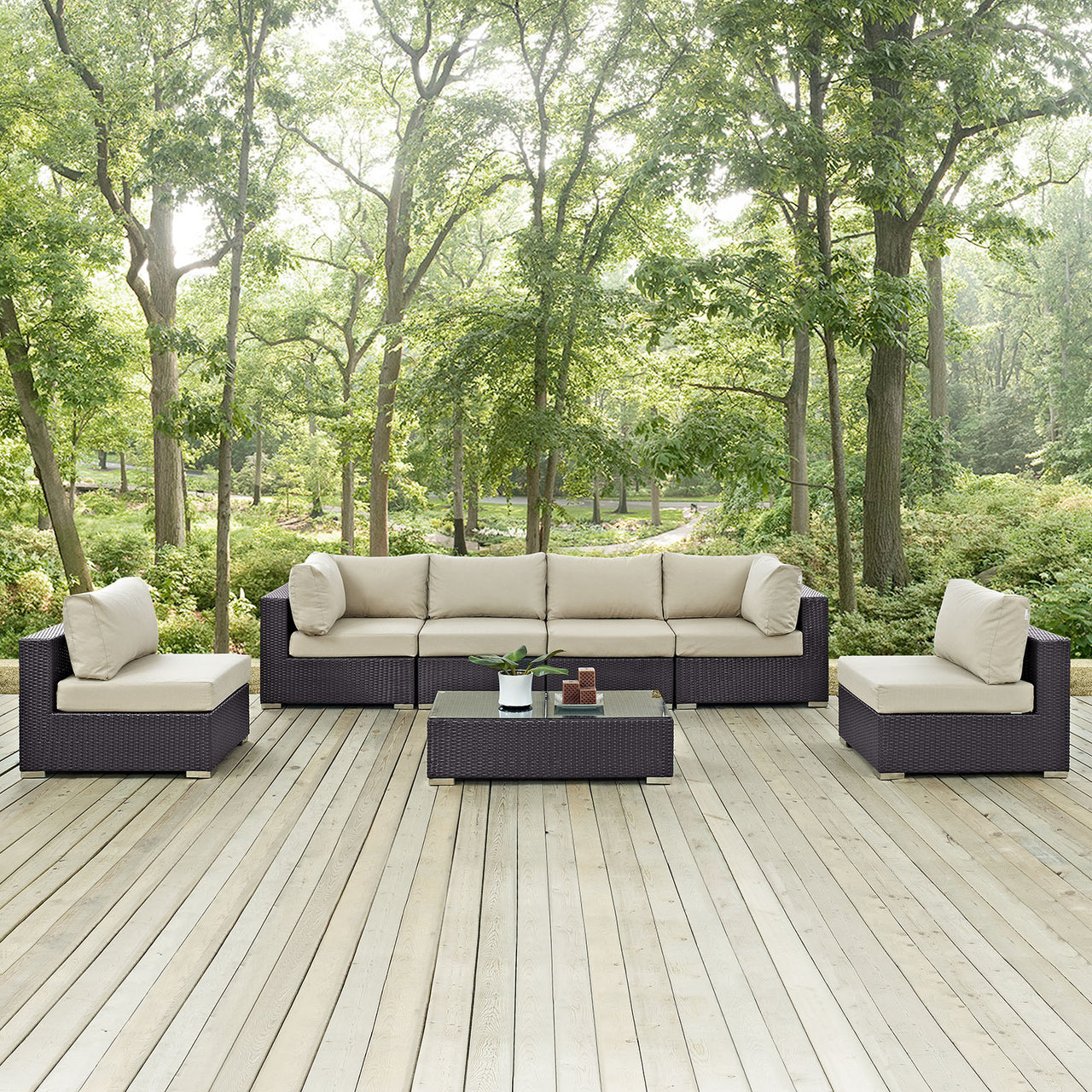 Conversation 7-Piece Alfresco Sectional Set, Espresso & Beige