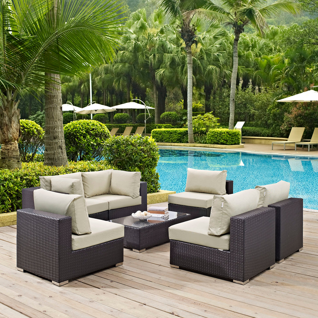 Conversation 7-Piece Alfresco Sectional Set, Espresso & Beige