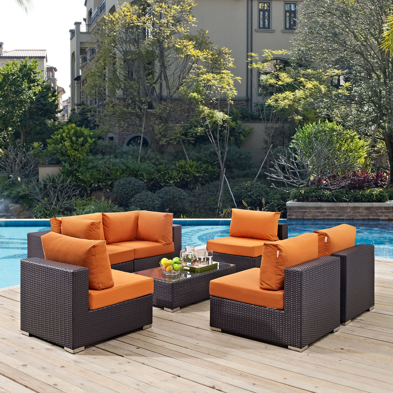 Conversation 7-Piece Alfresco Sectional Set, Espresso & Orange