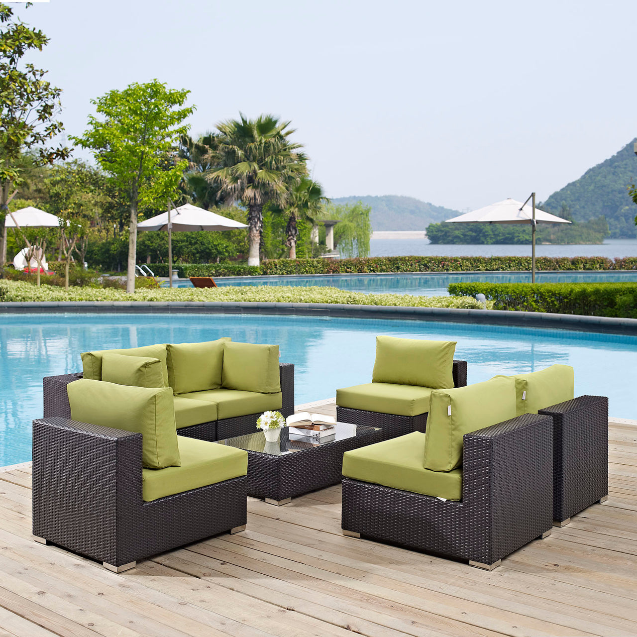 Conversation 7-Piece Alfresco Sectional Set, Espresso & Peridot