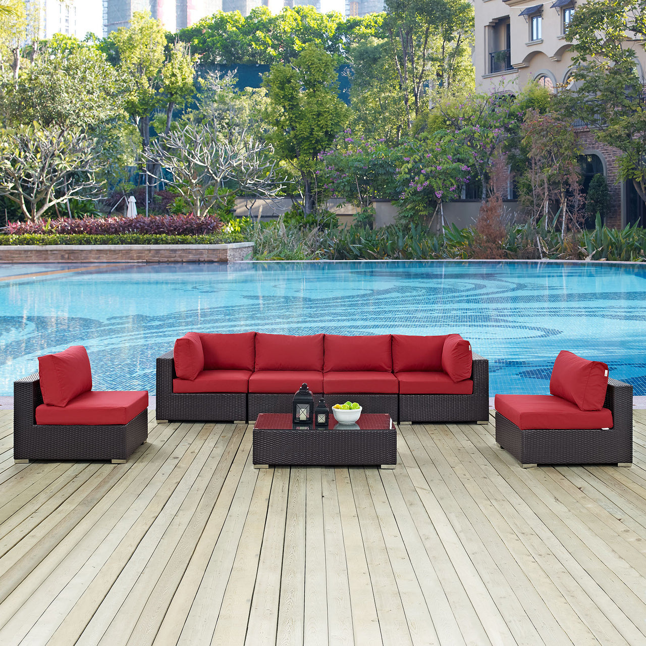 Convene 7 Piece Outdoor Patio Sectional Set, Espresso & Red