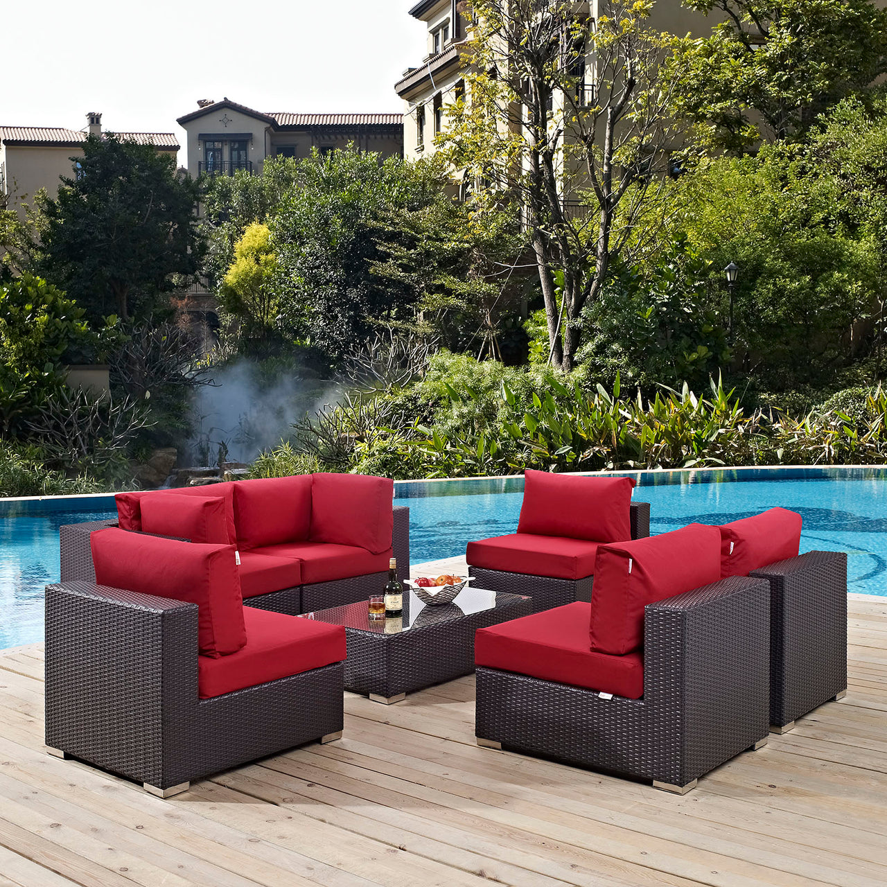 Convene 7 Piece Outdoor Patio Sectional Set, Espresso & Red