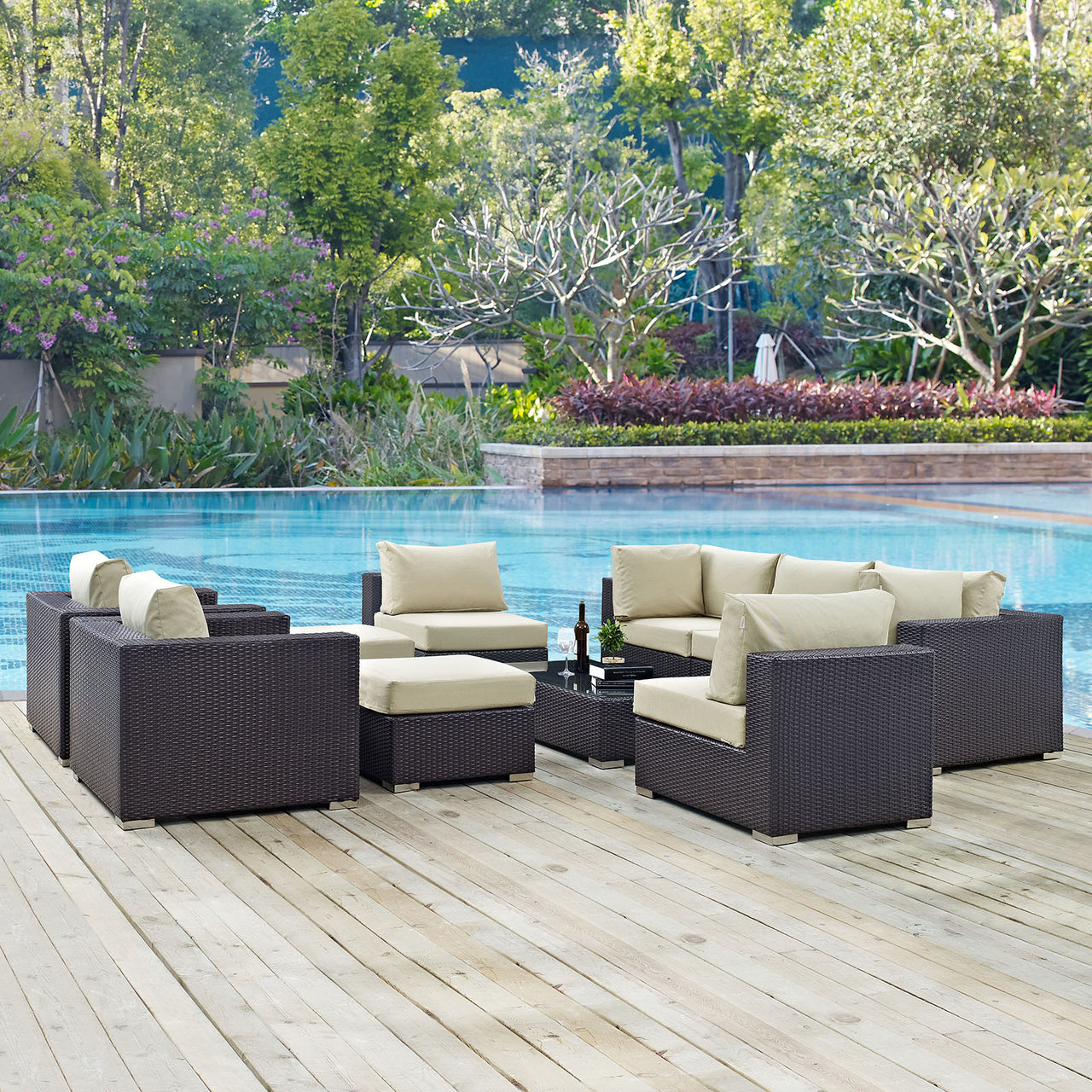 Conversation 10-Piece Alfresco Sectional Set, Espresso & Beige