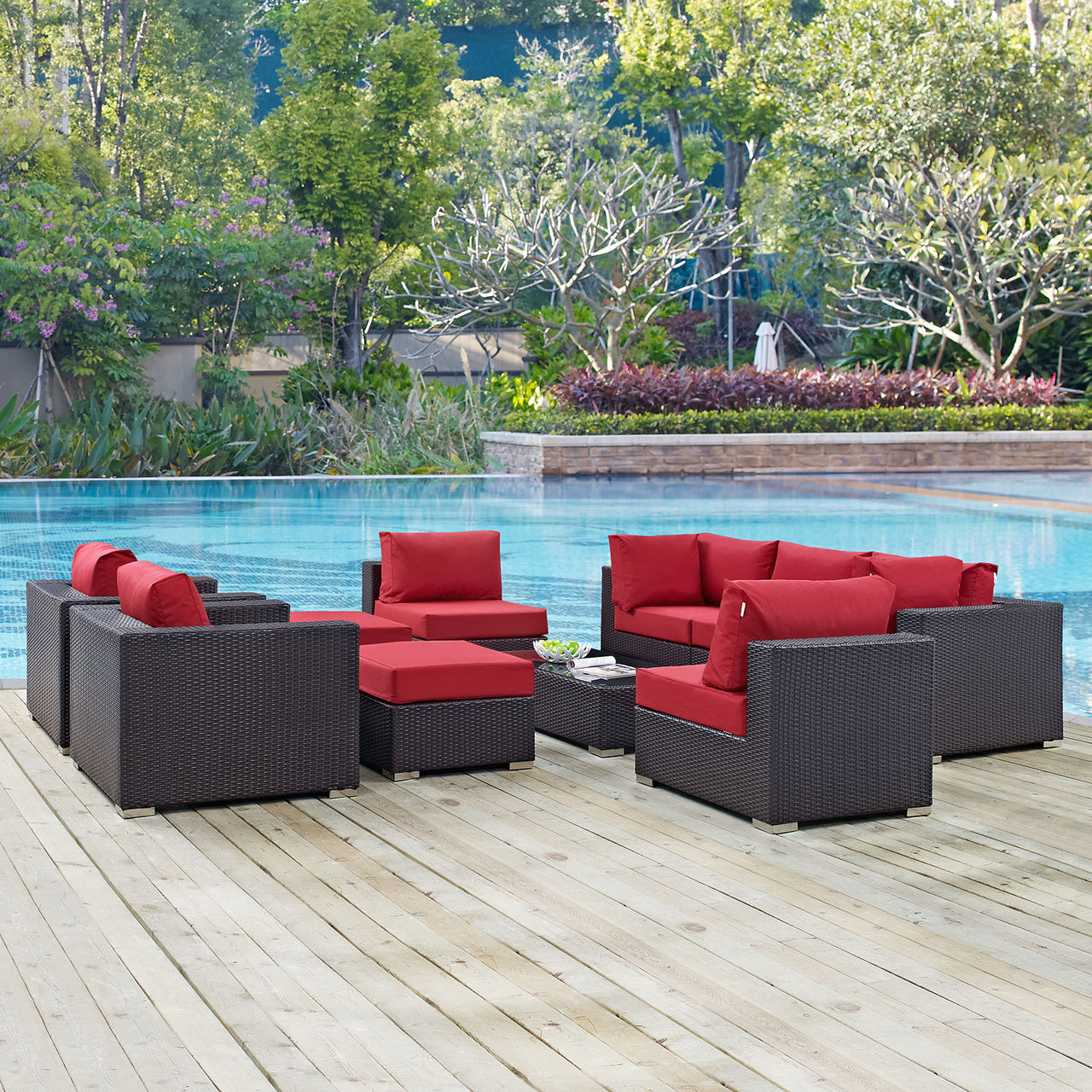 Convene 10 Piece Outdoor Patio Sectional Set, Espresso & Red