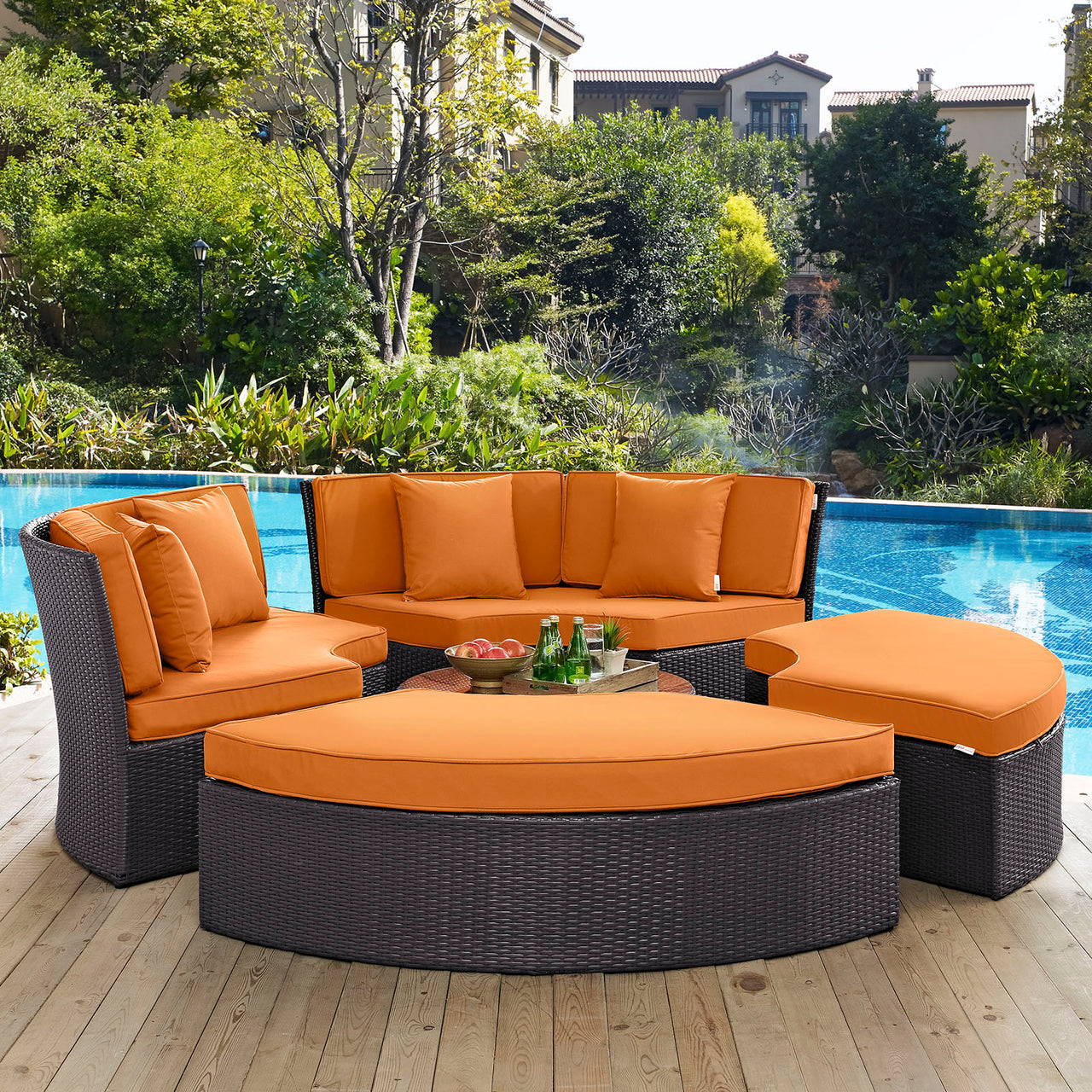 Convene Circular Outdoor Patio Daybed Set, Espresso & Orange