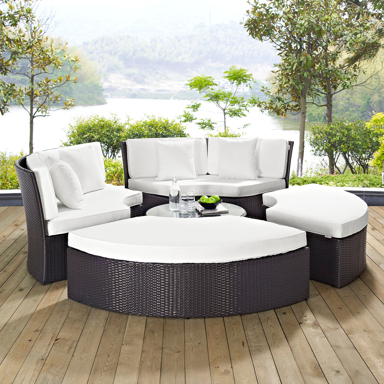 Convene Circular Outdoor Patio Daybed Set, Espresso & White