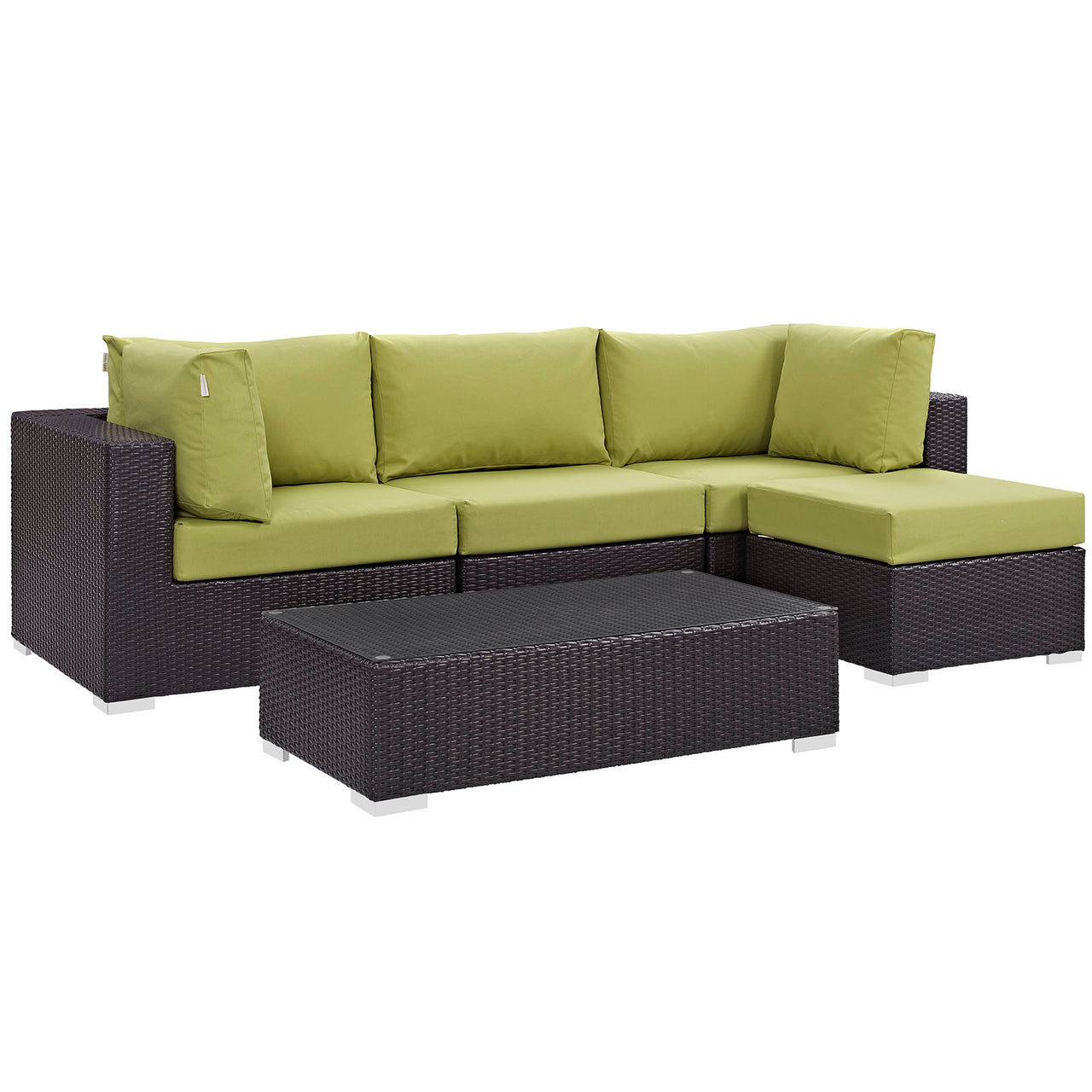 Convene 5 Piece Outdoor Patio Sectional Set, Espresso & Peridot