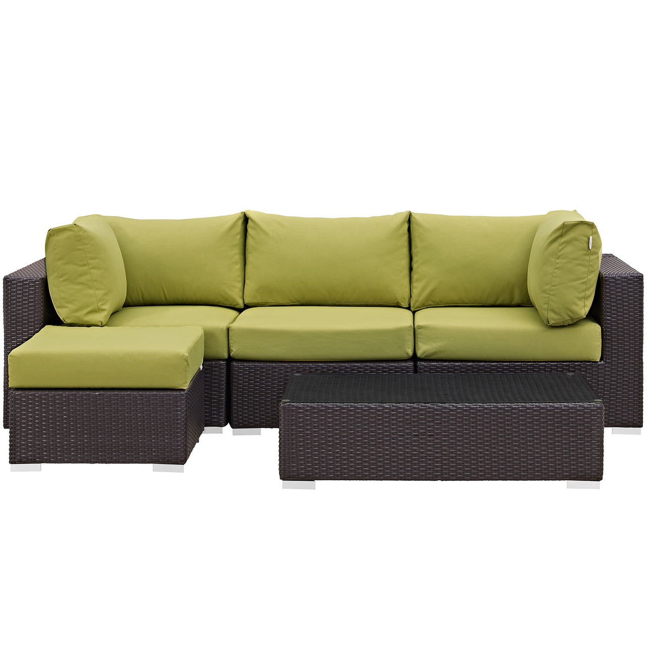 Convene 5 Piece Outdoor Patio Sectional Set, Espresso & Peridot