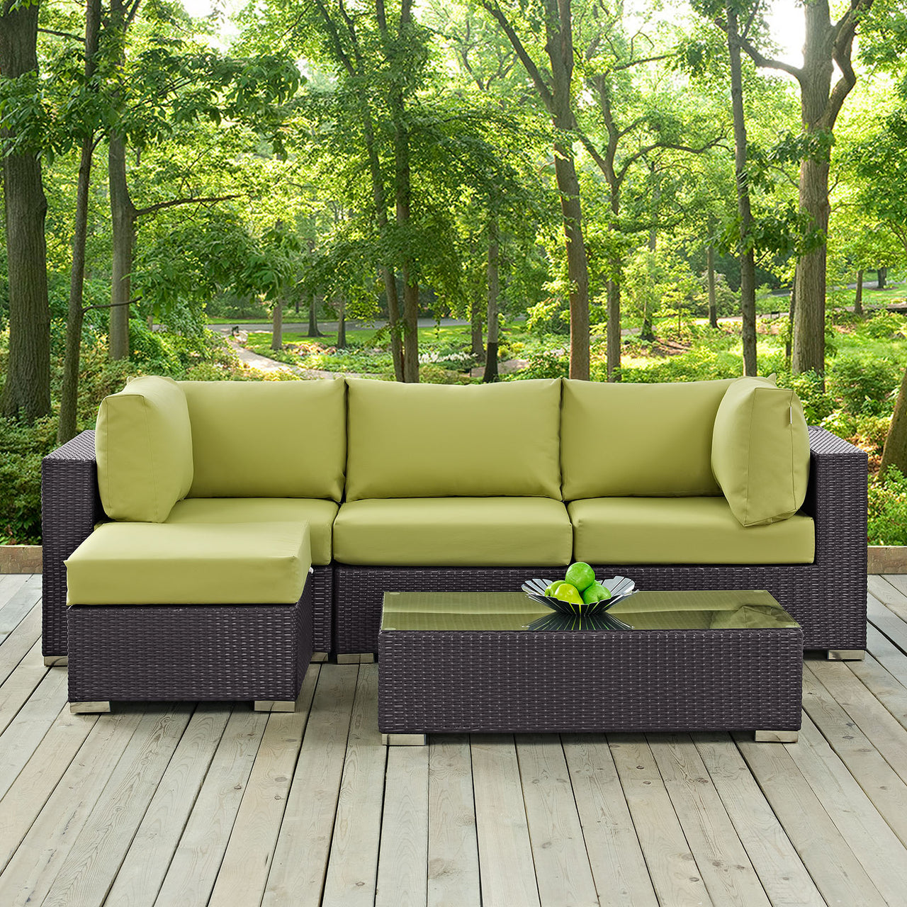 Convene 5 Piece Outdoor Patio Sectional Set, Espresso & Peridot