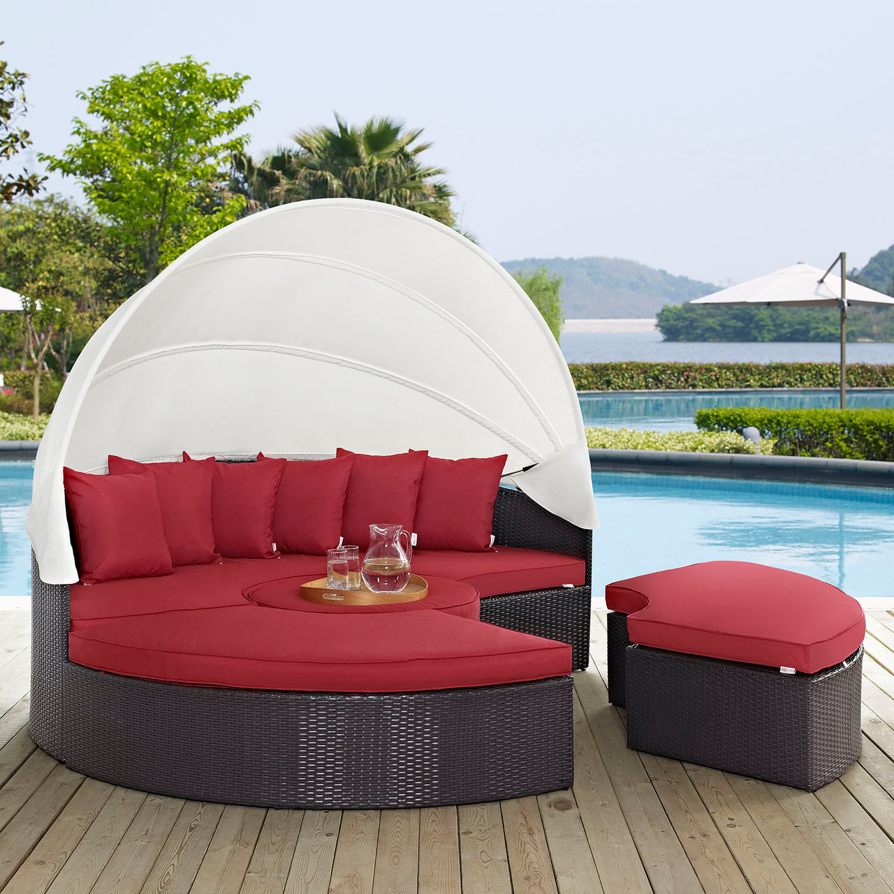 Convene Outdoor Patio Wicker Rattan Canopy Sectional Daybed, Espresso & Red