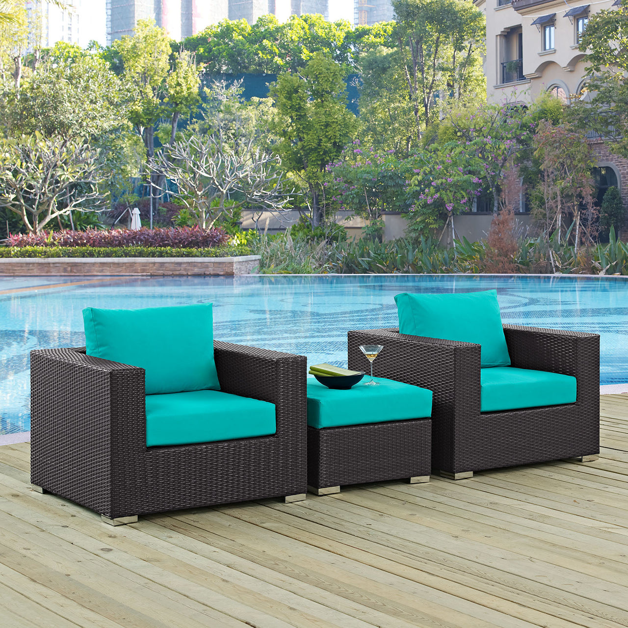 Conversation 3-Piece Alfresco Sofa Set, Espresso & Turquoise