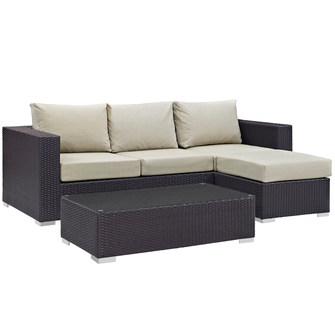 Convene 3 Piece Outdoor Patio Sectional, Espresso & Beige