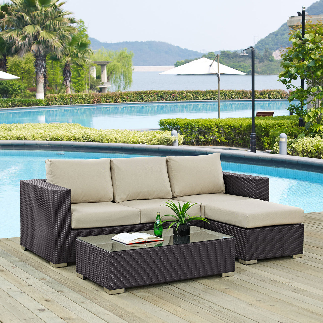 Convene 3 Piece Outdoor Patio Sectional, Espresso & Beige