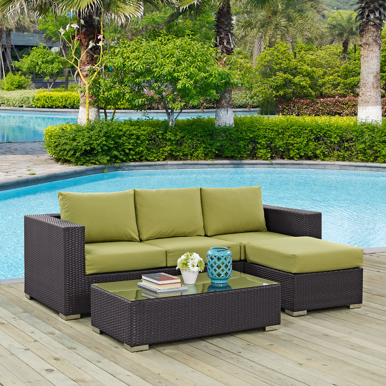 Conversation 3-Piece Alfresco Sectional, Espresso & Peridot