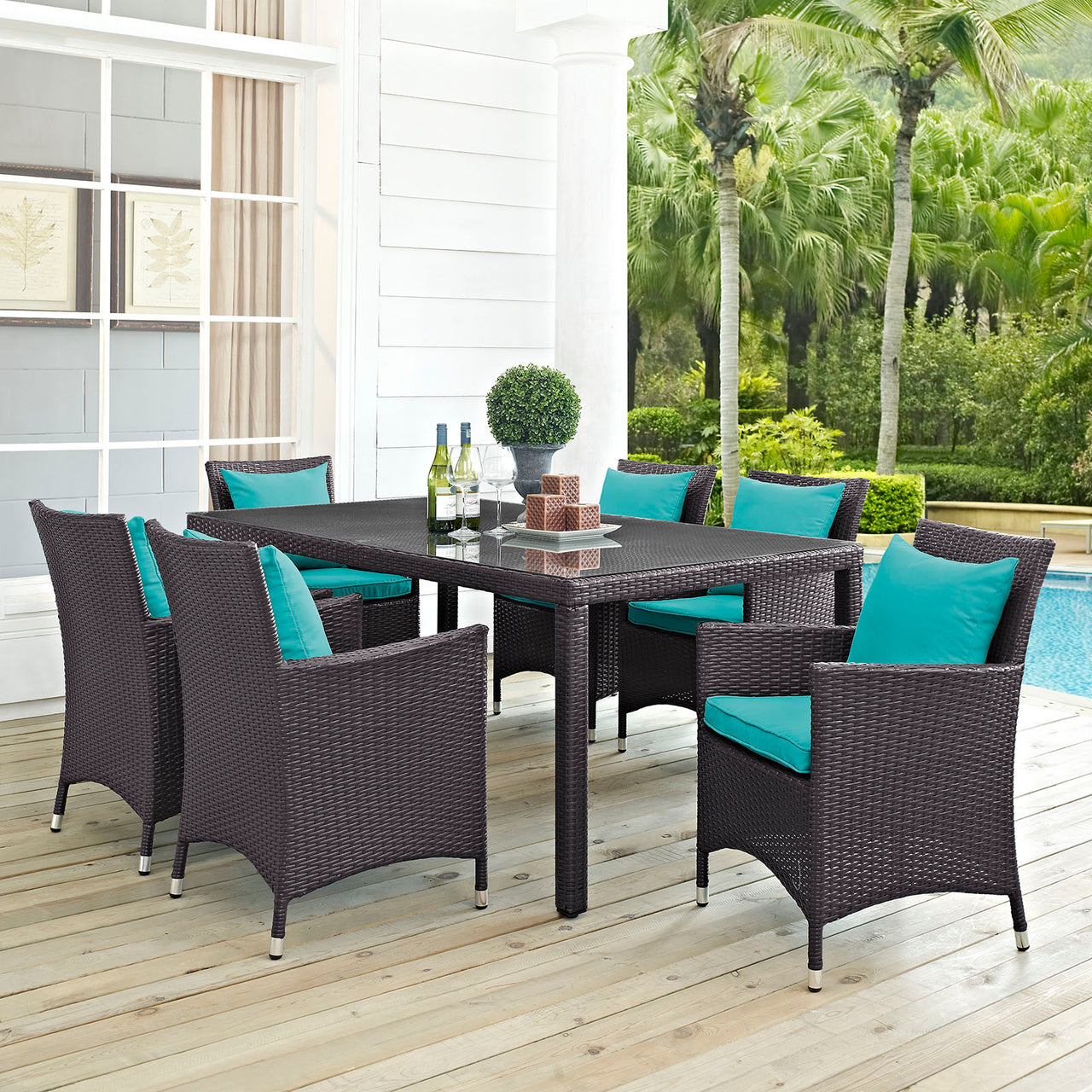 Convene 7 Piece Outdoor Patio Dining Set, Espresso & Turquoise