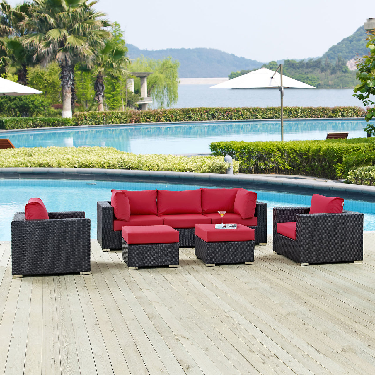 Conversation 7-Piece Alfresco Sectional Set, Espresso & Red