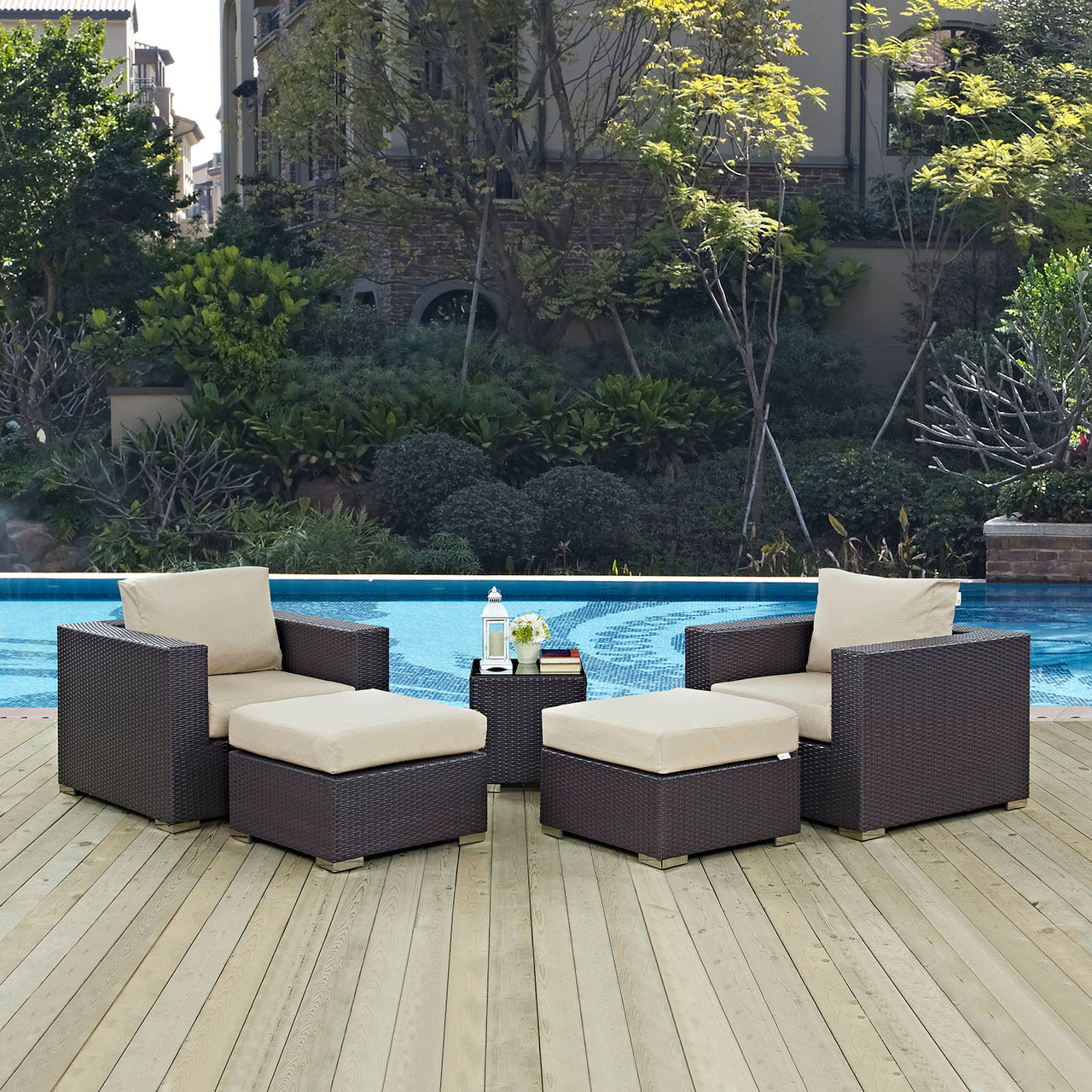 Convene 5 Piece Outdoor Patio Sectional Set, Espresso & Beige