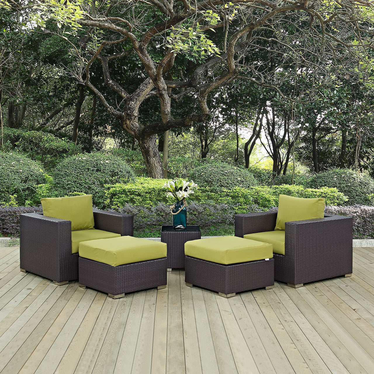 Convene 5 Piece Outdoor Patio Sectional Set, Espresso & Peridot