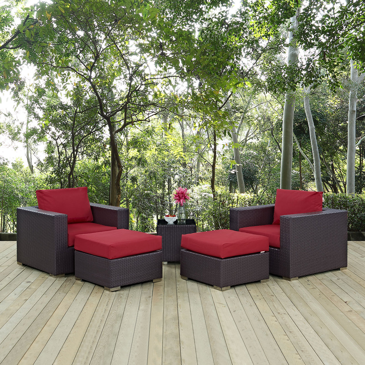 Conversation 5-Piece Alfresco Sectional Set, Espresso & Red
