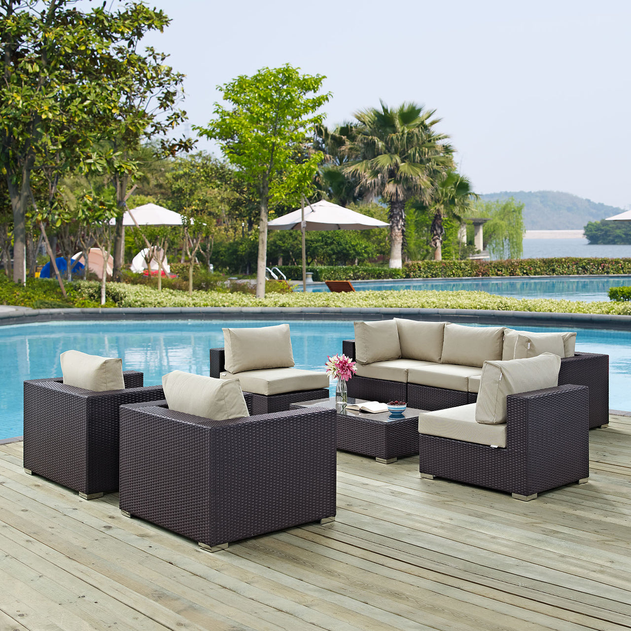 Conversation 8-Piece Alfresco Sectional Set, Espresso & Beige